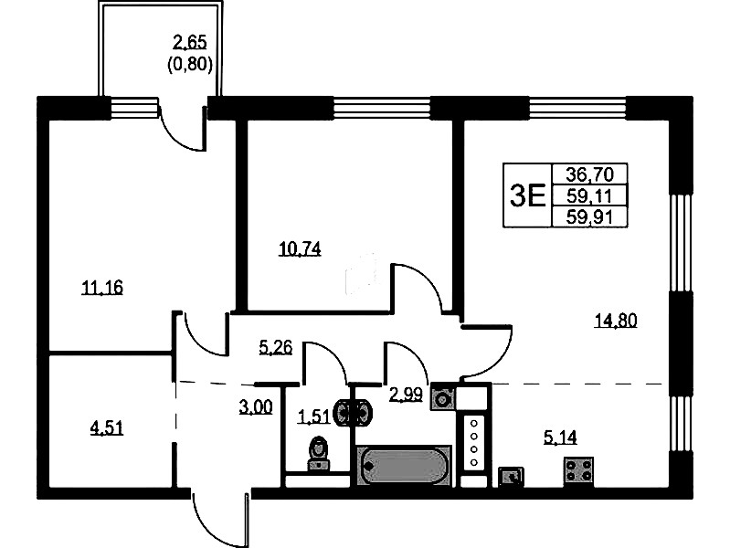 2-комнатная квартира 59.91 м², 3/11 эт., ЖК «Квартал Лаголово»
